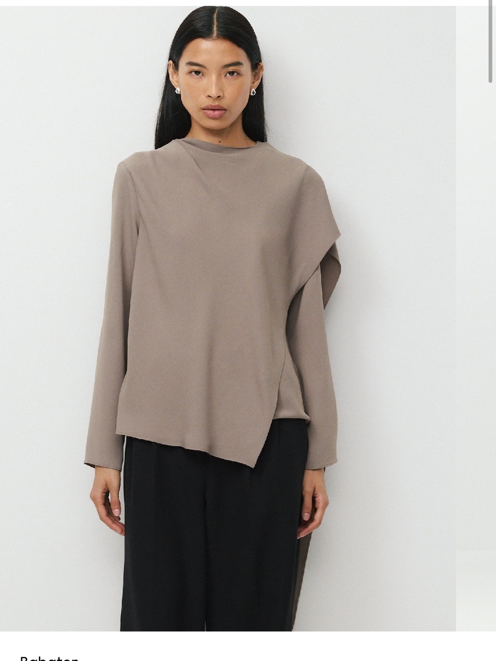 Aritzia Loretto Blouse (Taupe Asymmetric Draped Long-Sleeve Blouse)